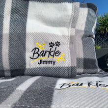 Load image into Gallery viewer, Personalised Black &amp; Grey Tartan Barkle Dog Blanket
